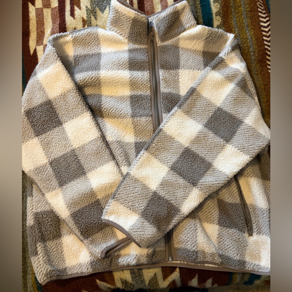 Joe Fresh Checkered Gray and Cream Teddy Fleece Jacket